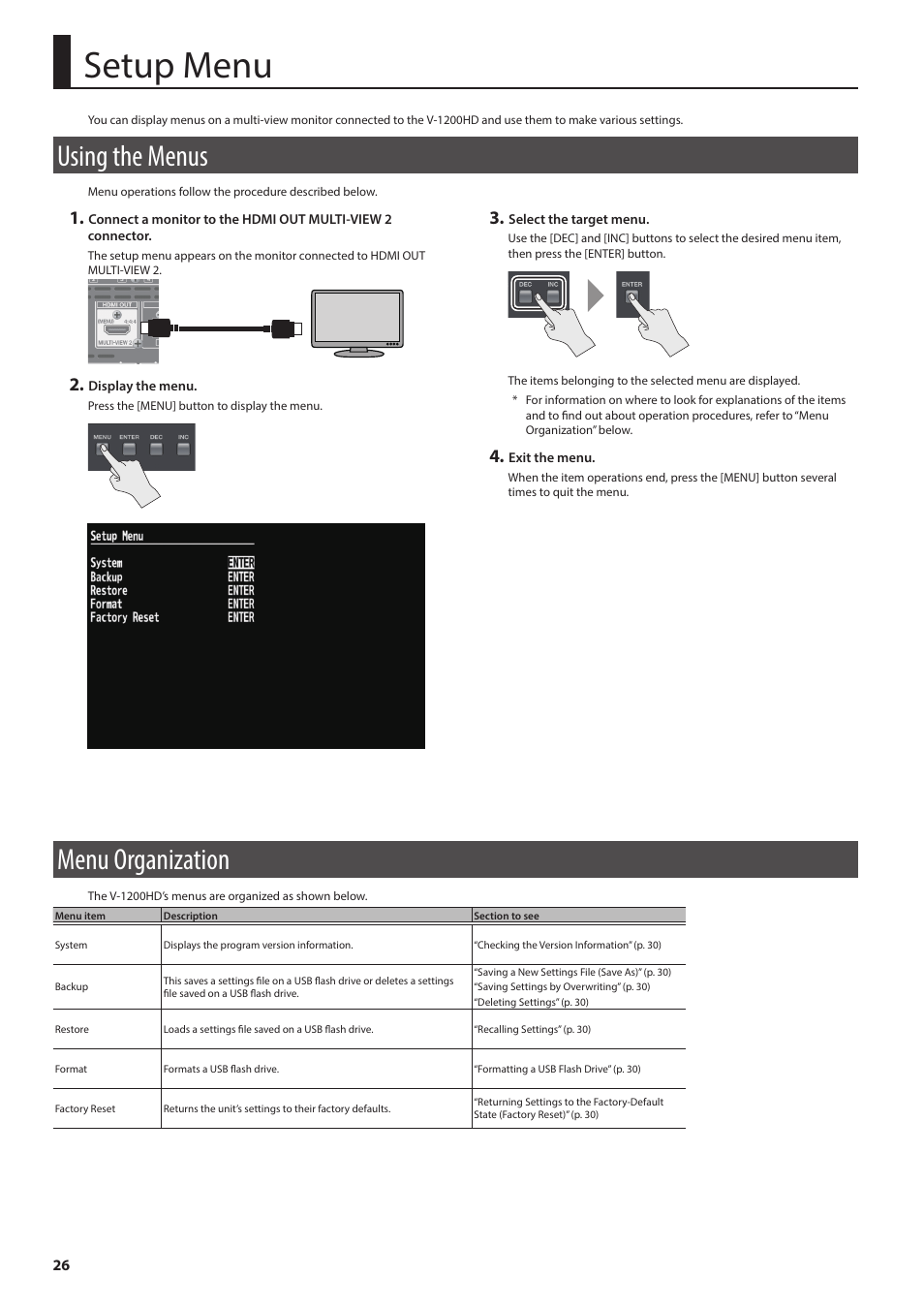 Setup menu, Using the menus, Menu organization | Using the menus 26 menu organization 26, P. 26 | Roland V-1200HD Multi-Format Video Switcher User Manual | Page 26 / 40