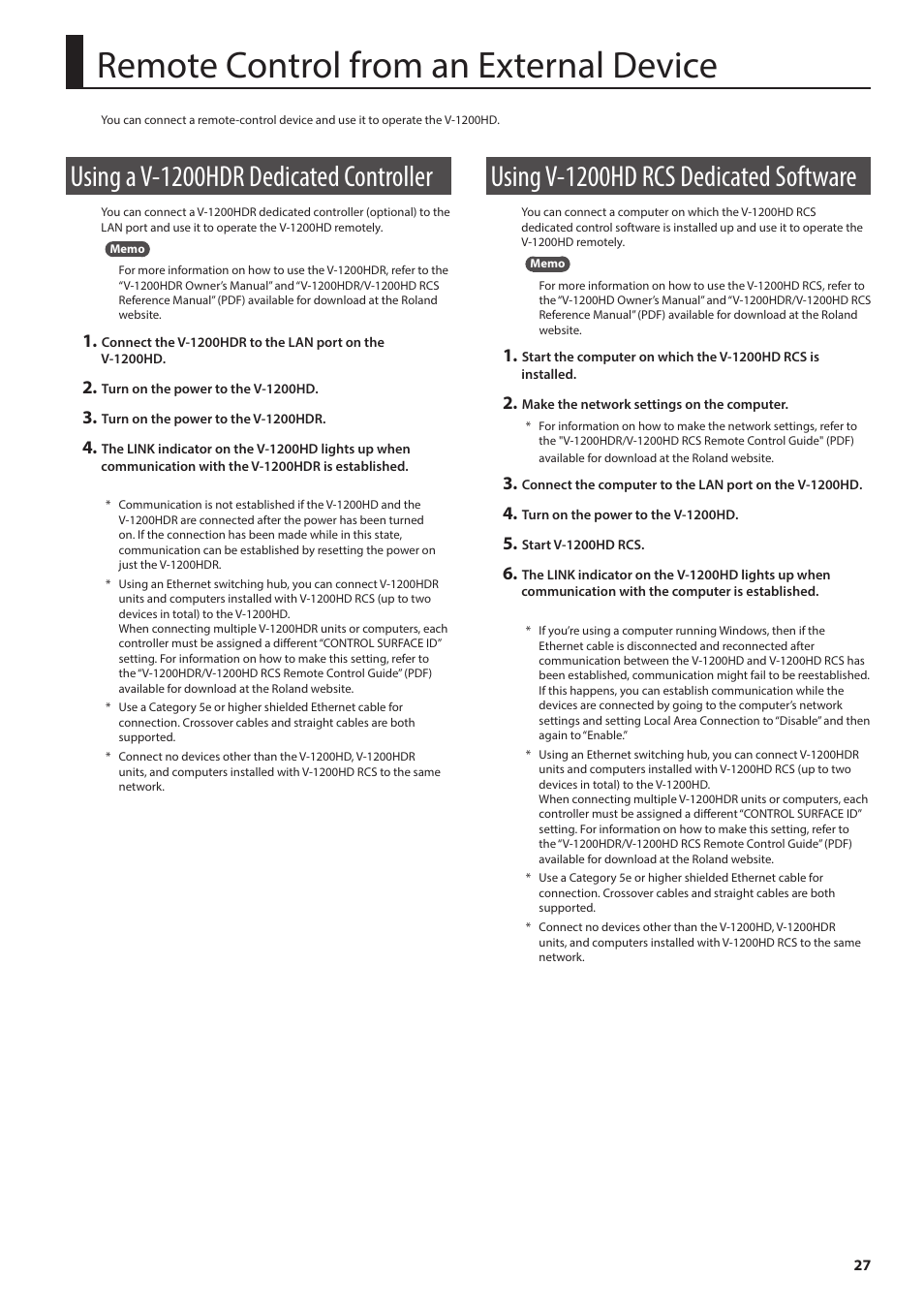 Remote control from an external device, Using a v-1200hdr dedicated controller, Using v-1200hd rcs dedicated software | P. 27 | Roland V-1200HD Multi-Format Video Switcher User Manual | Page 27 / 40