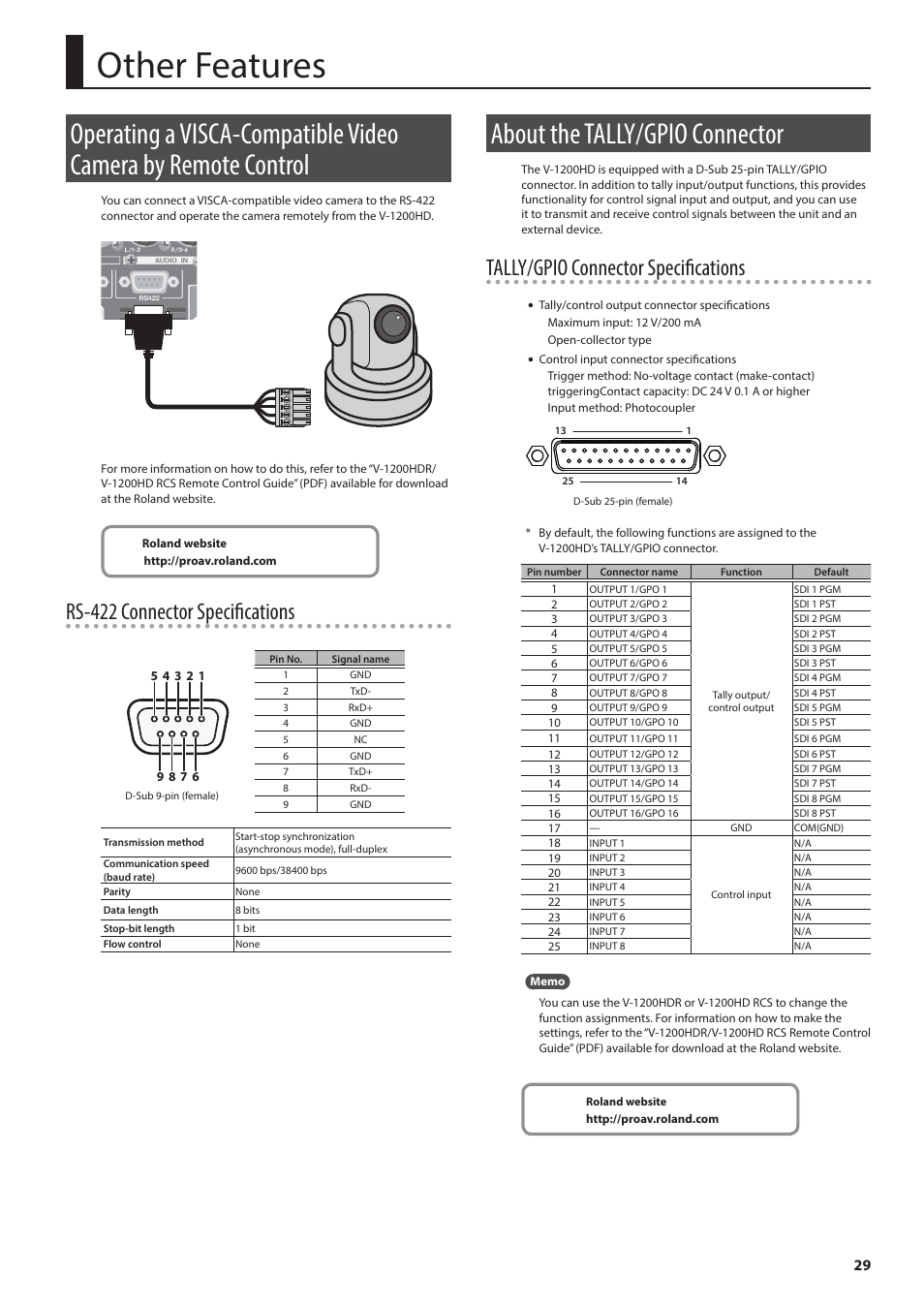 Other features, About the tally/gpio connector, Operating a visca-compatible video camera | By remote control 29, About the tally/gpio connector 29, P. 29, Rs-422 connector specifications, Tally/gpio connector specifications | Roland V-1200HD Multi-Format Video Switcher User Manual | Page 29 / 40