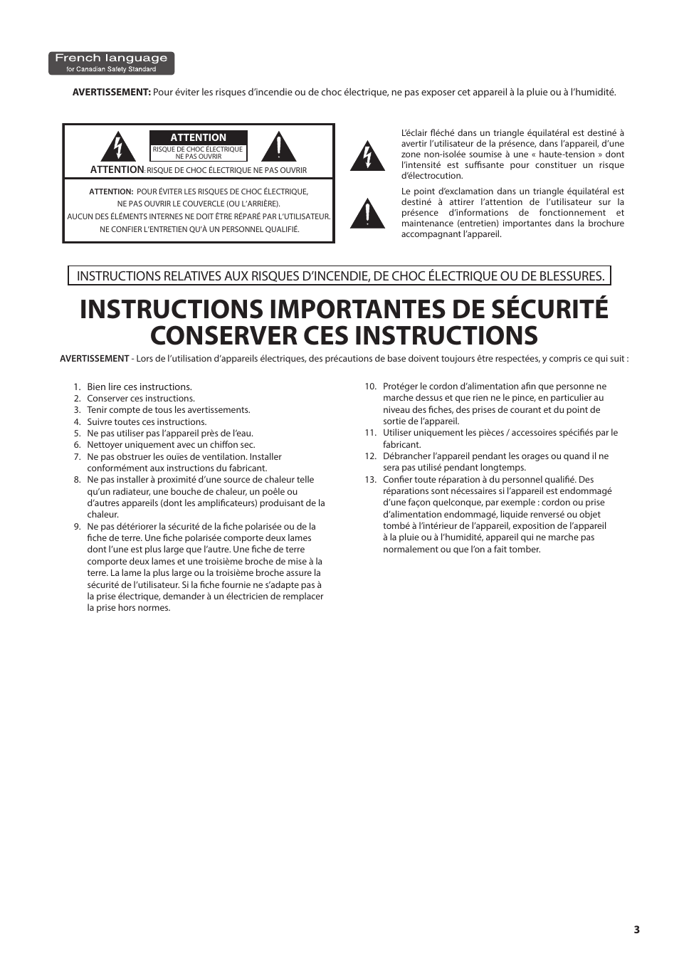 Instructions importantes de sécurité | Roland V-1200HD Multi-Format Video Switcher User Manual | Page 3 / 40