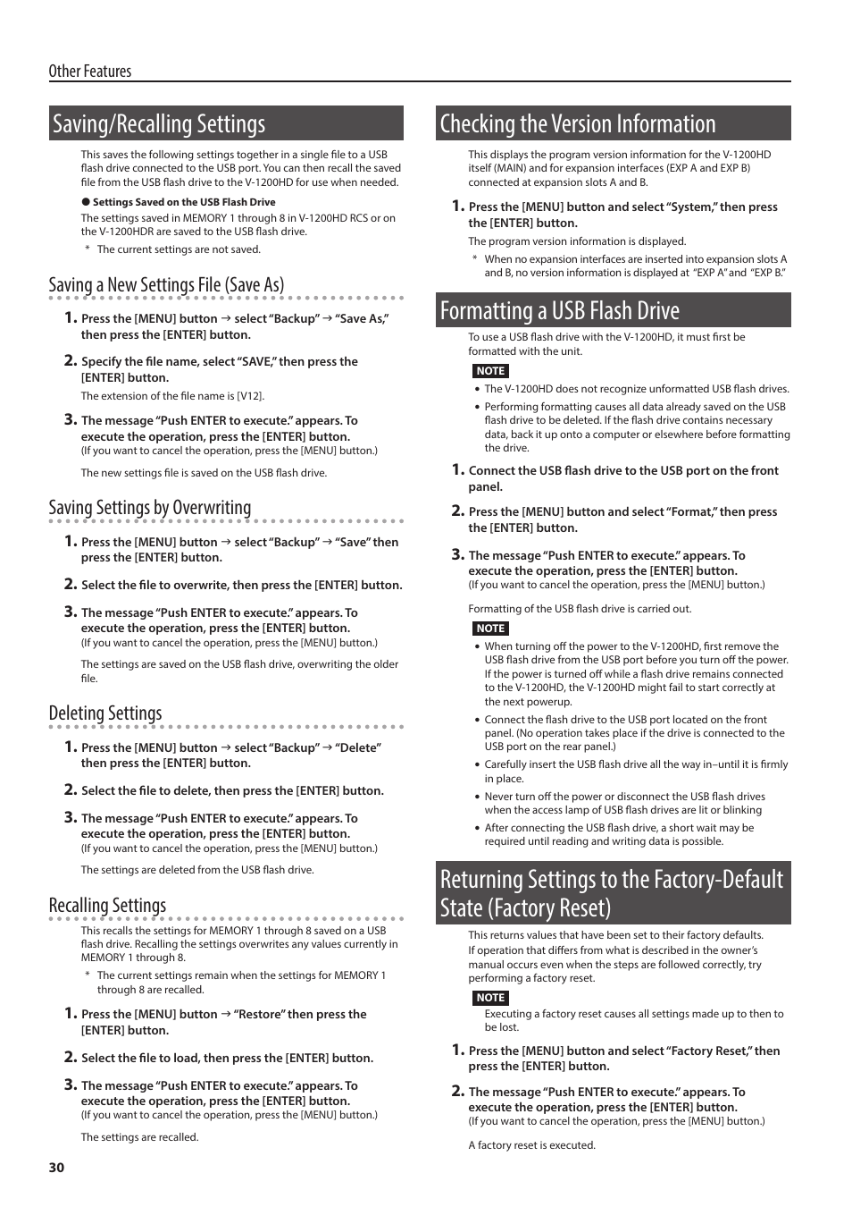 Saving/recalling settings, Checking the version information, Formatting a usb flash drive | Factory reset) 30, P. 30, Checking the version information” (p. 30), Recalling settings” (p. 30), Formatting a usb flash drive” (p. 30), Returning settings to the factory-default, State (factory reset)” (p. 30) | Roland V-1200HD Multi-Format Video Switcher User Manual | Page 30 / 40