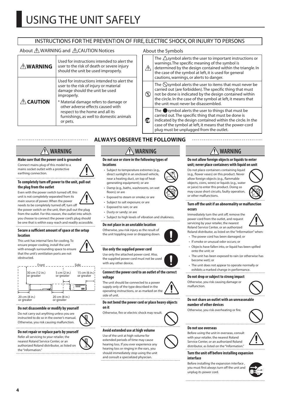 Using the unit safely, Warning, Always observe the following | Roland V-1200HD Multi-Format Video Switcher User Manual | Page 4 / 40