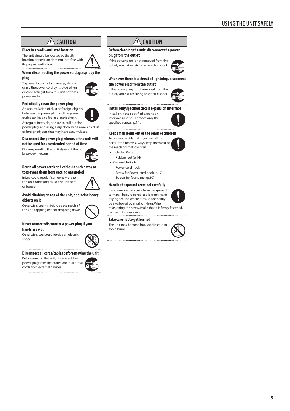 Using the unit safely, Caution | Roland V-1200HD Multi-Format Video Switcher User Manual | Page 5 / 40