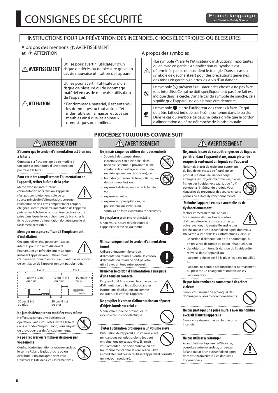 Consignes de sécurité (french language), Consignes de sécurité, Avertissement | Avertissement attention | Roland V-1200HD Multi-Format Video Switcher User Manual | Page 6 / 40