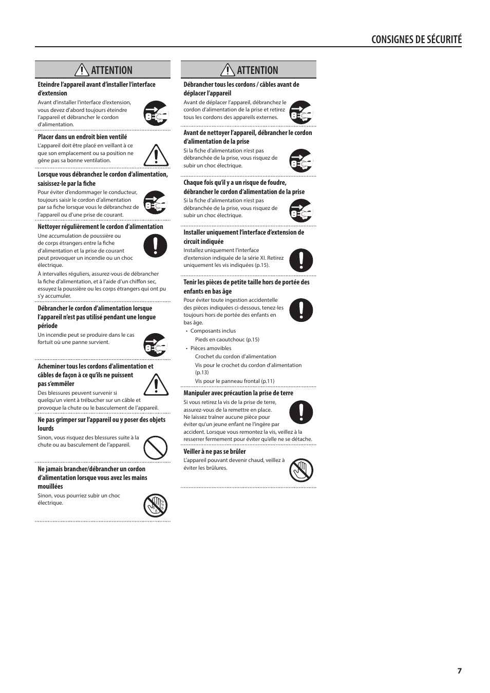 Consignes de sécurité, Attention | Roland V-1200HD Multi-Format Video Switcher User Manual | Page 7 / 40