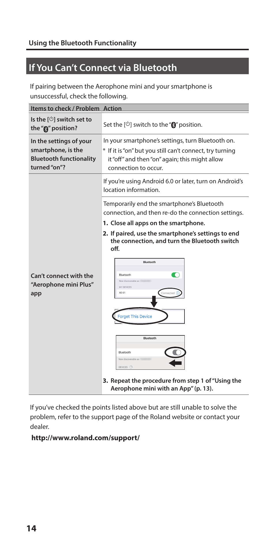 If you can’t connect via bluetooth | Roland Aerophone Mini Digital Wind Instrument User Manual | Page 14 / 24