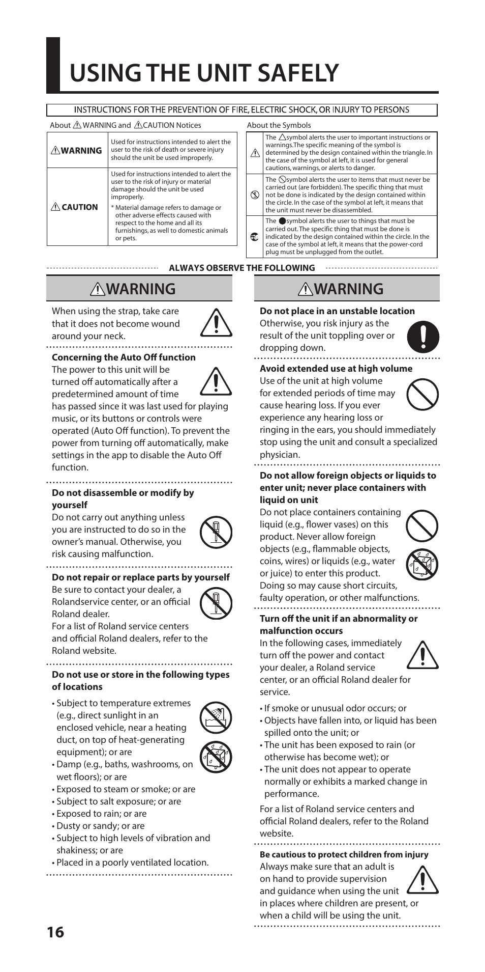 Using the unit safely, Ead “using the unit safely” (p. 16) and, 16 warning | Warning | Roland Aerophone Mini Digital Wind Instrument User Manual | Page 16 / 24