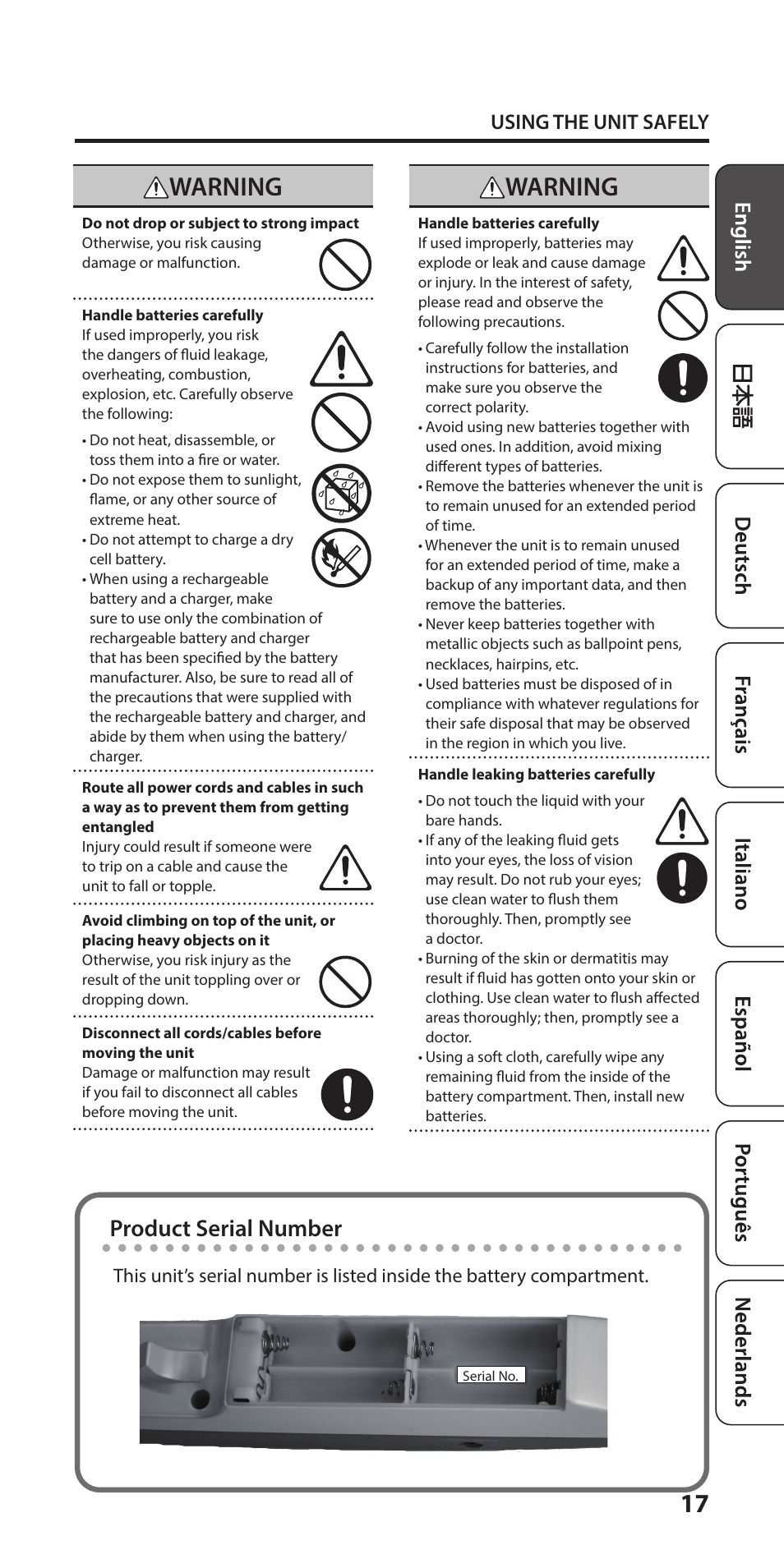 Warning, Product serial number, Using the unit safely | Roland Aerophone Mini Digital Wind Instrument User Manual | Page 17 / 24