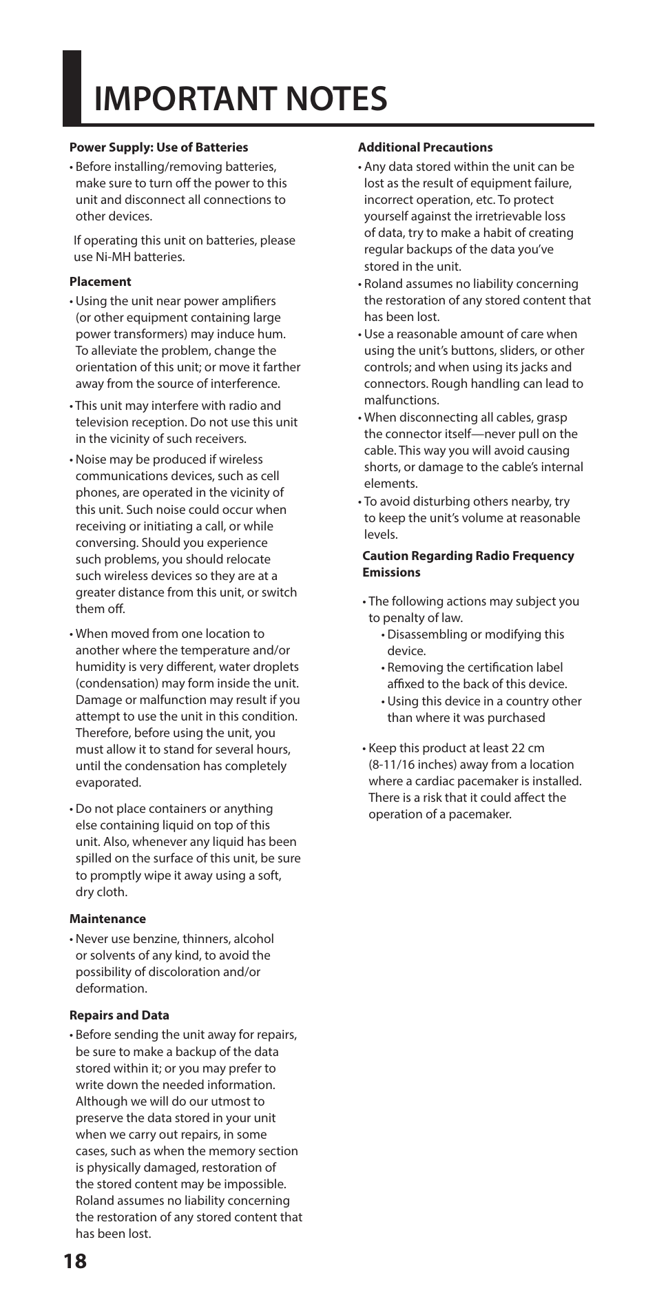 Important notes, Important notes” (p. 18). a | Roland Aerophone Mini Digital Wind Instrument User Manual | Page 18 / 24