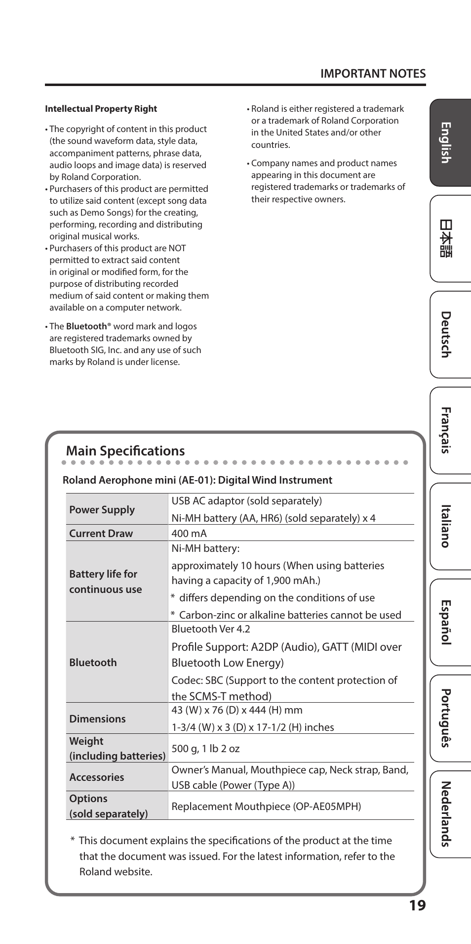 Main specifications | Roland Aerophone Mini Digital Wind Instrument User Manual | Page 19 / 24