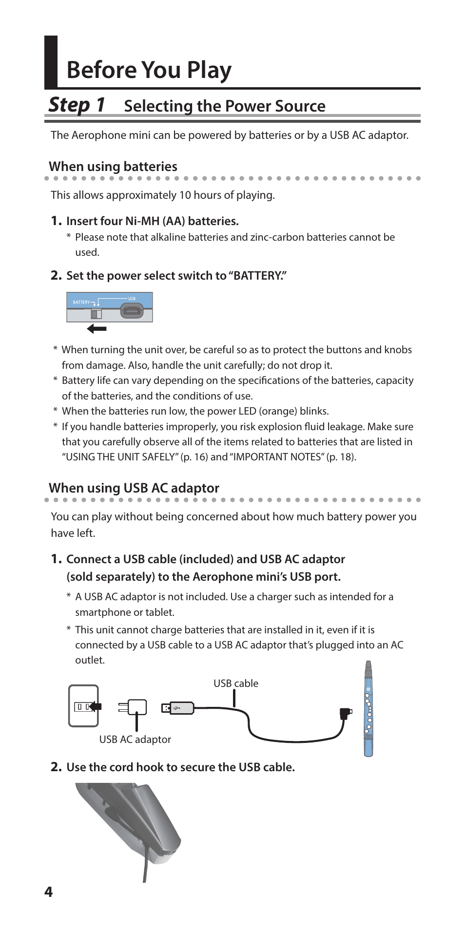 Before you play, Selecting the power source, Selecting the power source” (p. 4) | Step 1 | Roland Aerophone Mini Digital Wind Instrument User Manual | Page 4 / 24