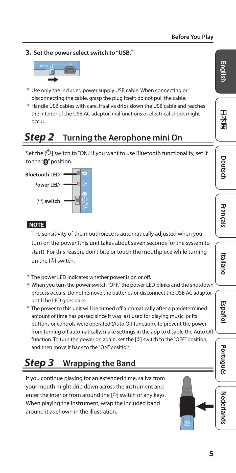 Turning the aerophone mini on, Wrapping the band, Turning the aerophone mini on” (p. 5) | Step 2, Step 3 | Roland Aerophone Mini Digital Wind Instrument User Manual | Page 5 / 24