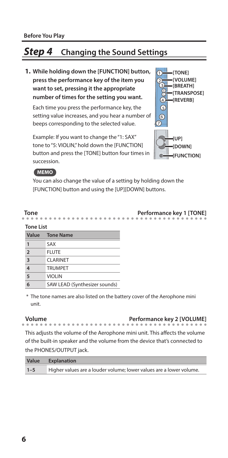 Changing the sound settings, Changing the sound settings” (p. 6), Step 4 | Roland Aerophone Mini Digital Wind Instrument User Manual | Page 6 / 24