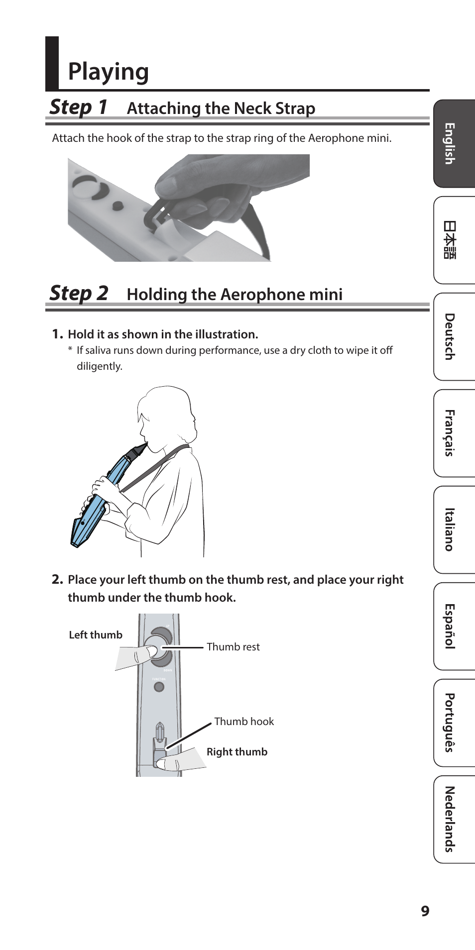 Playing, Attaching the neck strap, Holding the aerophone mini | Holding the aerophone mini” (p. 9), Attaching the neck strap” (p. 9), Step 1, Step 2 | Roland Aerophone Mini Digital Wind Instrument User Manual | Page 9 / 24