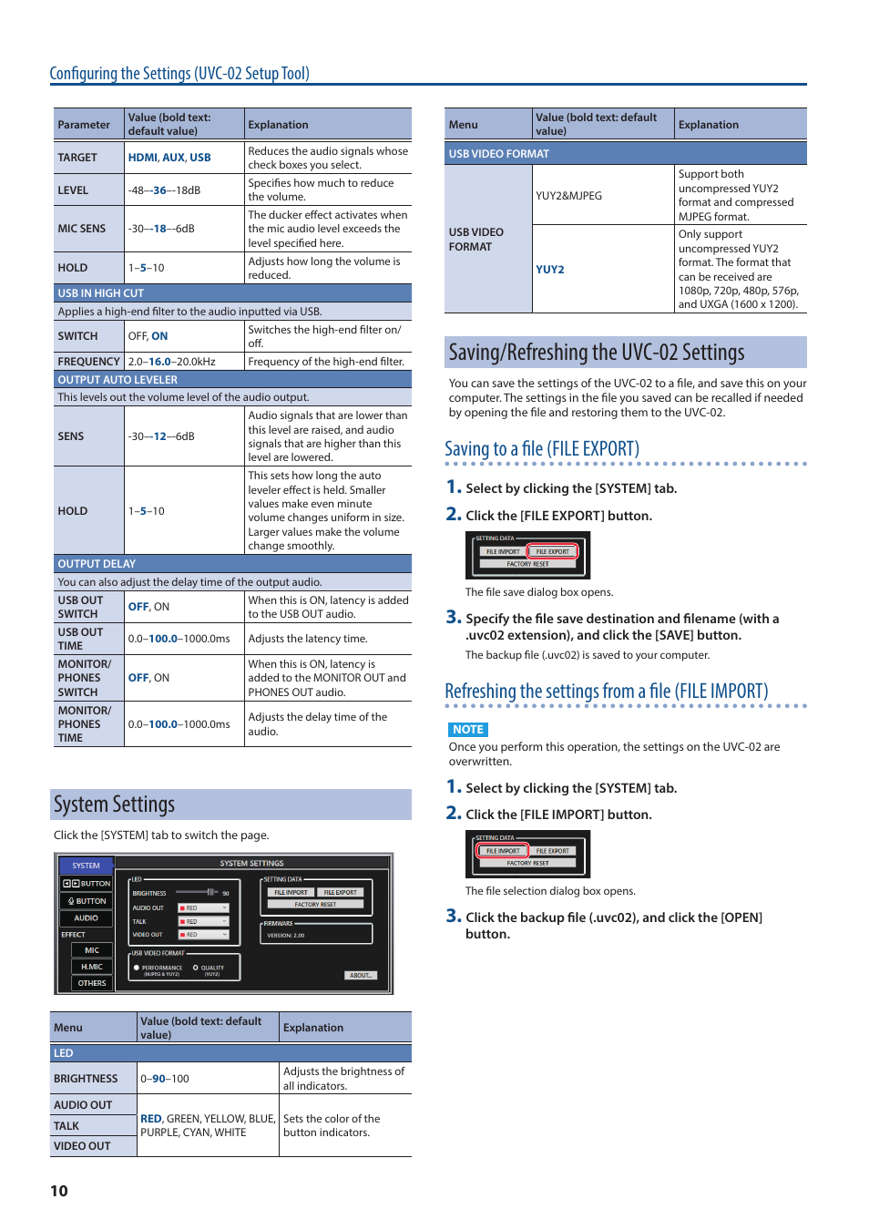 System settings, Saving/refreshing the uvc-02 settings, Saving to a file (file export) | Refreshing the settings from a file (file import), Configuring the settings (uvc-02 setup tool) | Roland Web Presentation Dock User Manual | Page 10 / 15