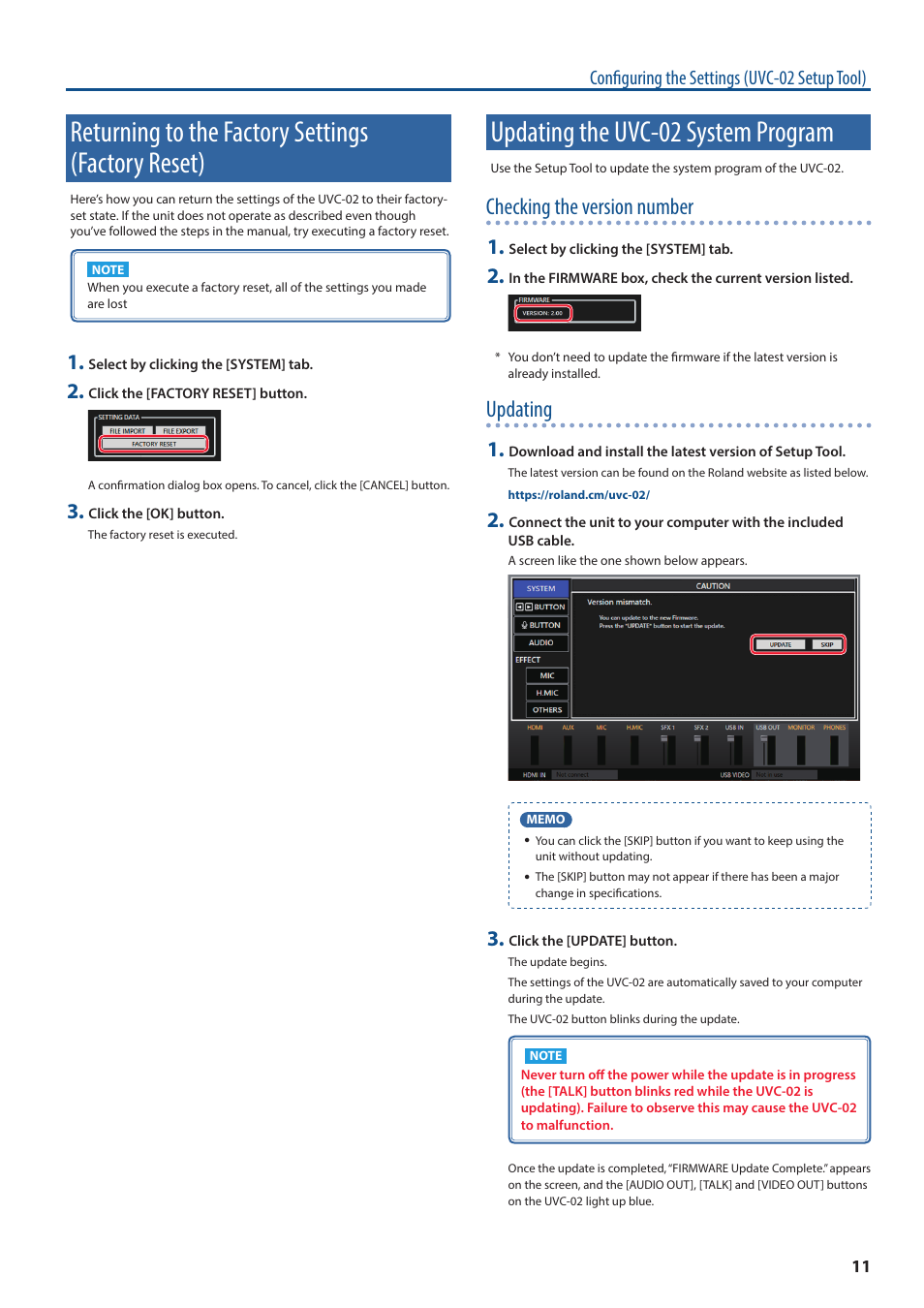 Returning to the factory settings (factory reset), Updating the uvc-02 system program, Checking the version number | Updating, Configuring the settings (uvc-02 setup tool) | Roland Web Presentation Dock User Manual | Page 11 / 15