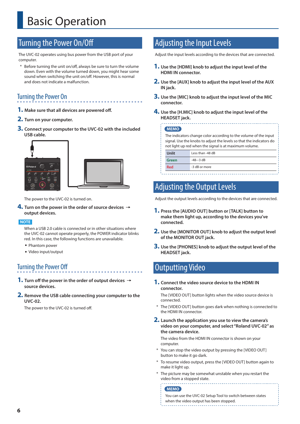 Basic operation, Turning the power on/off, Adjusting the input levels | Adjusting the output levels, Outputting video, Turning the power on, Turning the power off | Roland Web Presentation Dock User Manual | Page 6 / 15