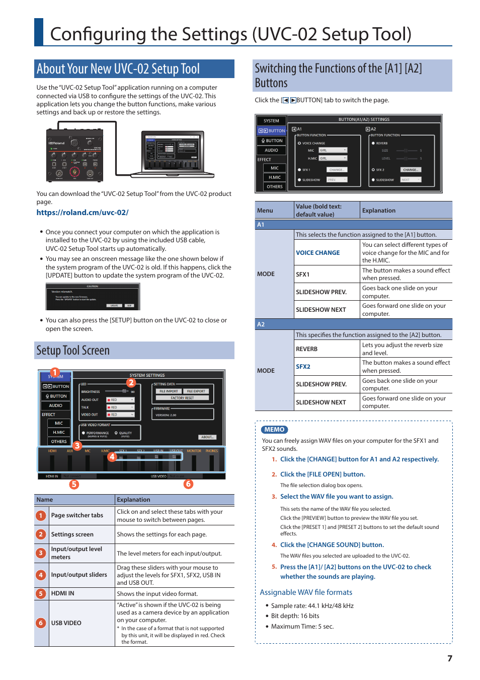 Configuring the settings (uvc-02 setup tool), About your new uvc-02 setup tool, Setup tool screen | Switching the functions of the [a1] [a2] buttons | Roland Web Presentation Dock User Manual | Page 7 / 15