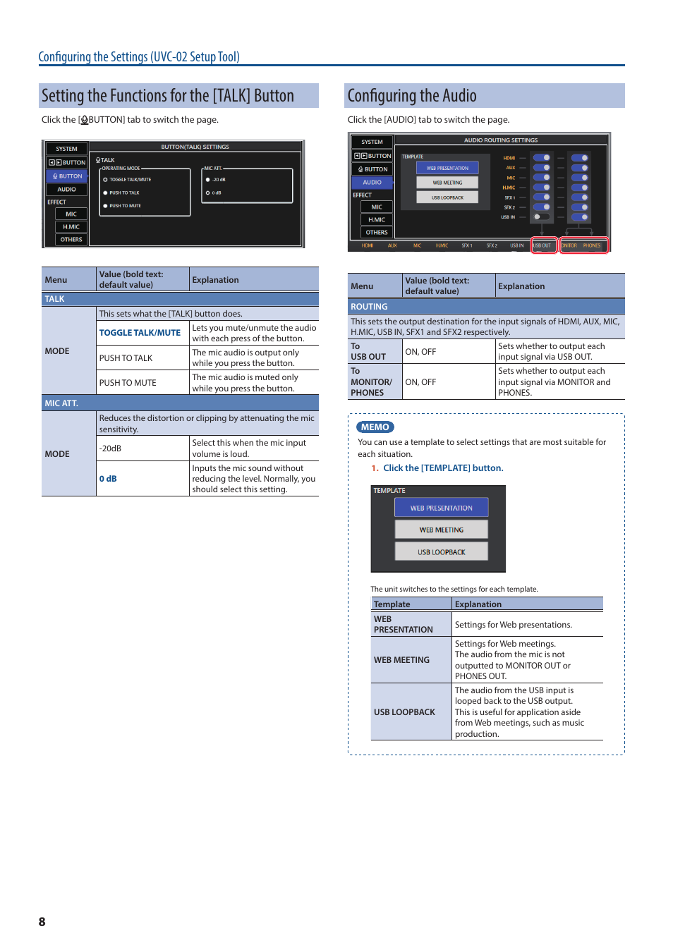 Setting the functions for the [talk] button, Configuring the audio, Configuring the settings (uvc-02 setup tool) | Roland Web Presentation Dock User Manual | Page 8 / 15