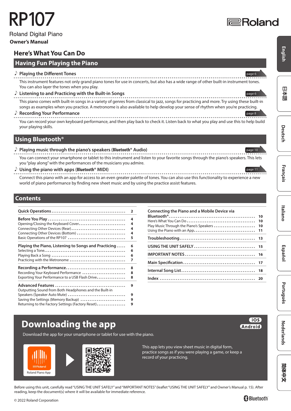 Roland RP107 88-Key Digital Piano (Black) User Manual | 20 pages