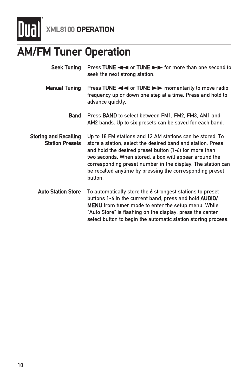 Am/fm tuner operation | Dual XML8100 User Manual | Page 10 / 24