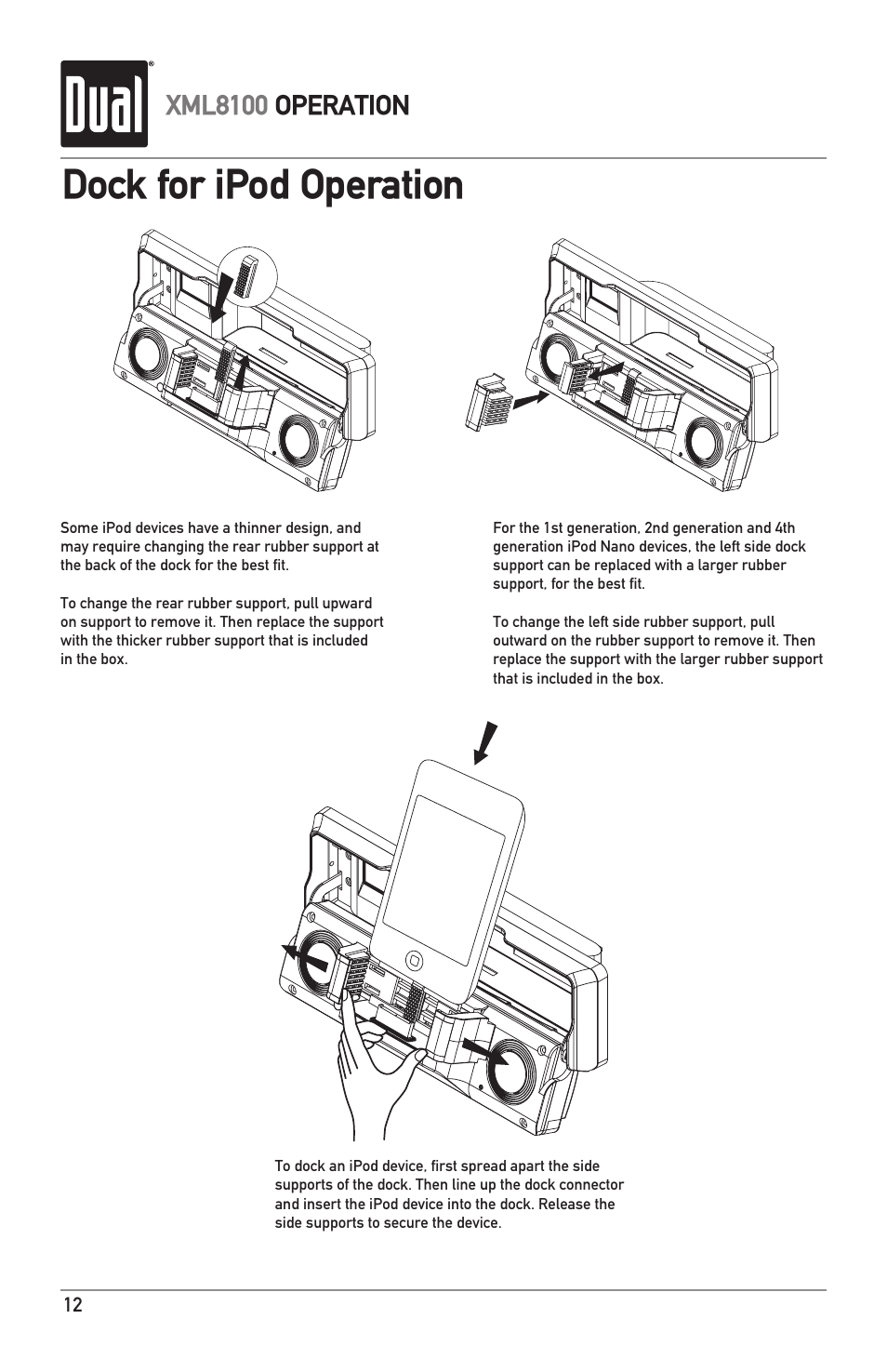 Dock for ipod operation, Xml8100 operation | Dual XML8100 User Manual | Page 12 / 24