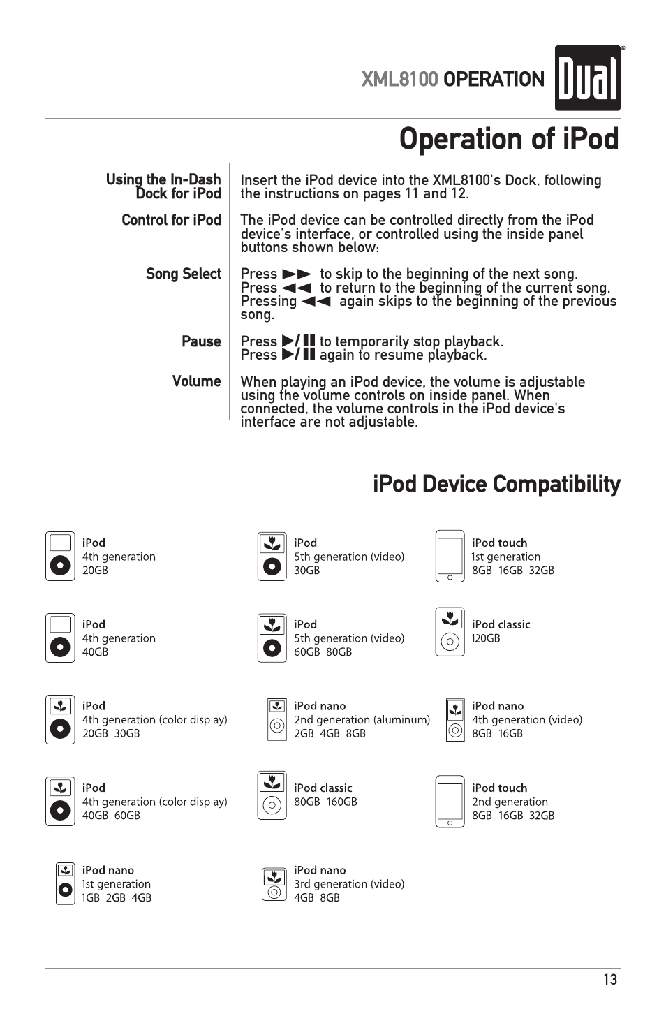 Operation of ipod, Ipod device compatibility | Dual XML8100 User Manual | Page 13 / 24