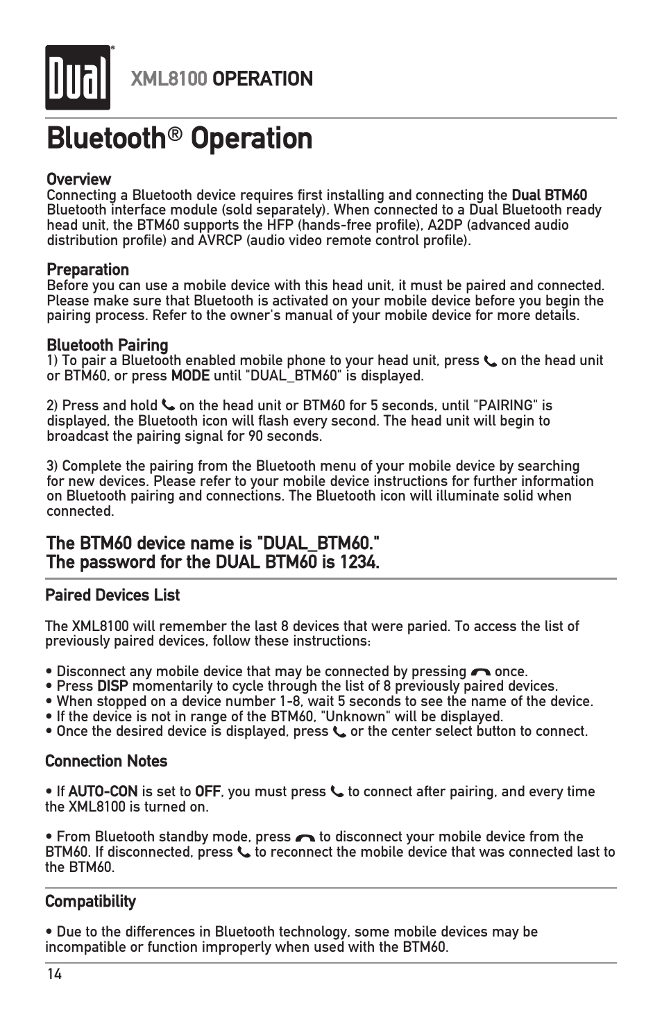 Bluetooth, Operation, Xml8100 operation | Dual XML8100 User Manual | Page 14 / 24