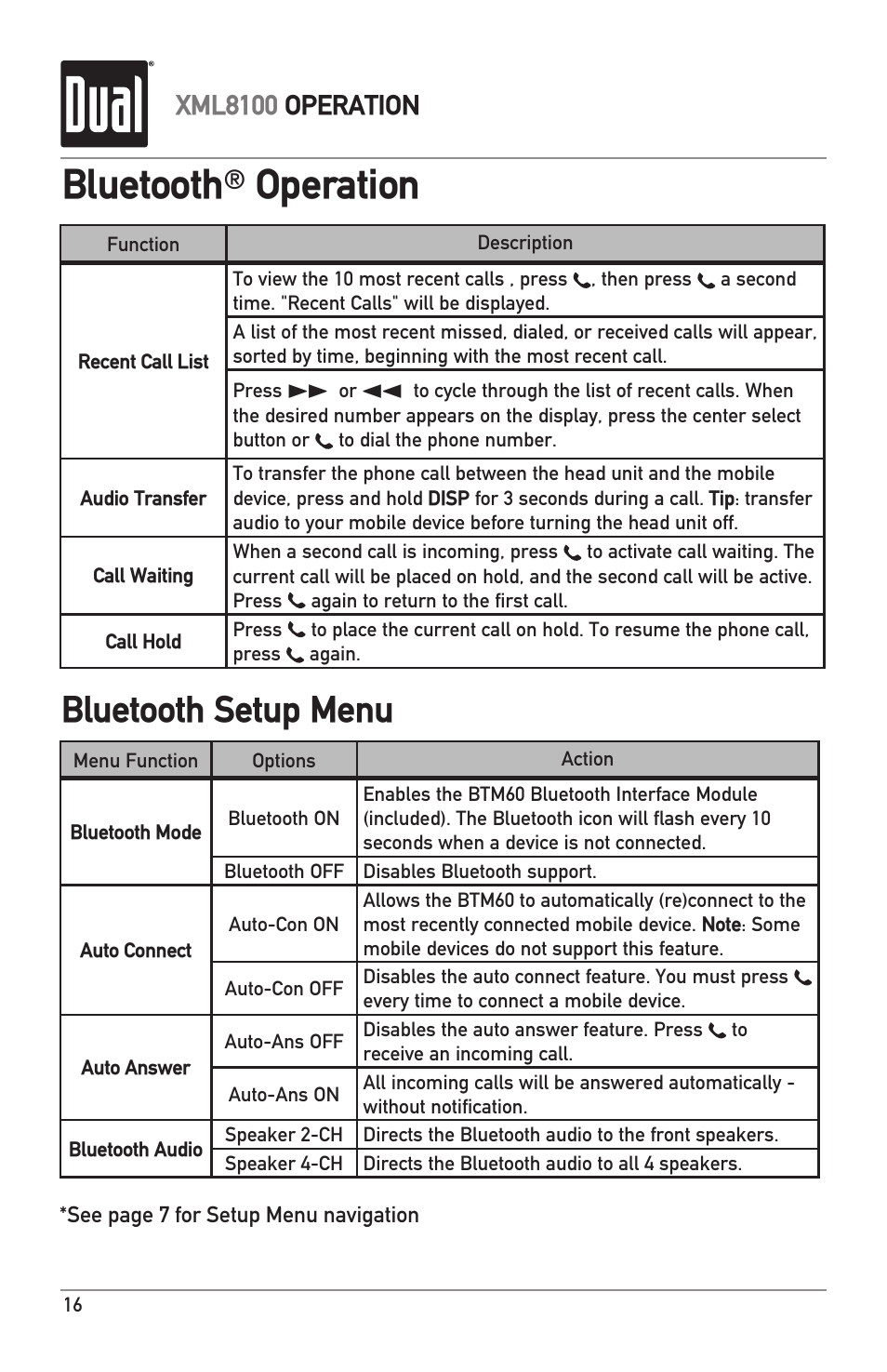 Bluetooth, Operation, Bluetooth setup menu | Xml8100 operation | Dual XML8100 User Manual | Page 16 / 24