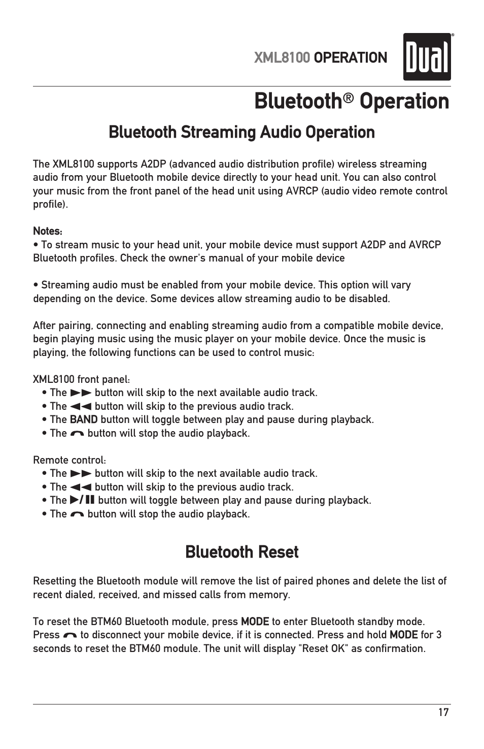 Bluetooth, Operation, Bluetooth reset | Bluetooth streaming audio operation | Dual XML8100 User Manual | Page 17 / 24