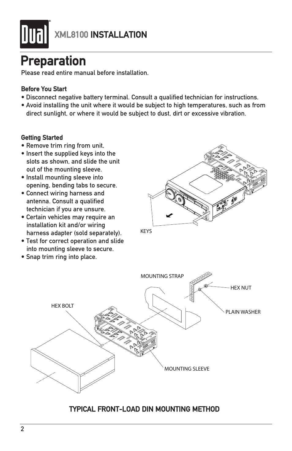 Preparation, Xml8100 installation | Dual XML8100 User Manual | Page 2 / 24