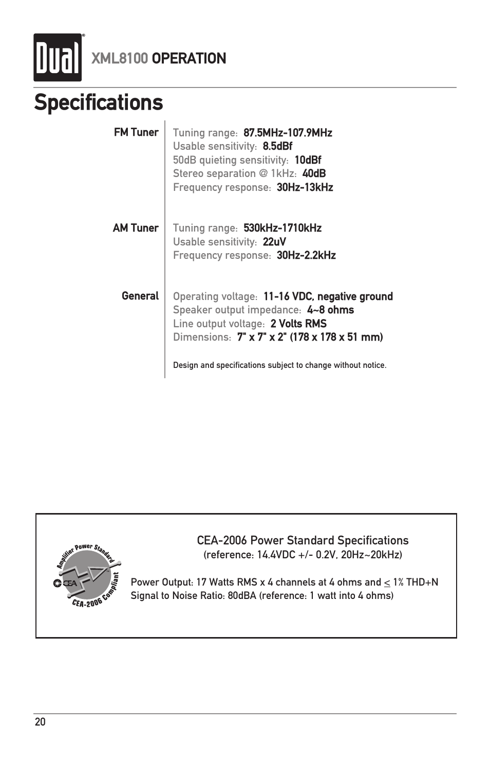 Specifications, Xml8100 operation | Dual XML8100 User Manual | Page 20 / 24