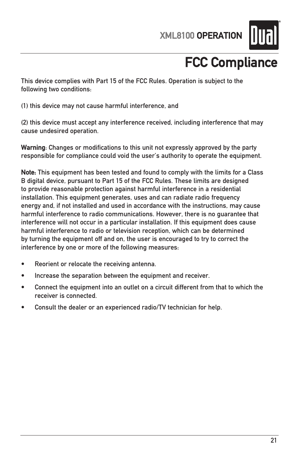 Fcc compliance, Xml8100 operation | Dual XML8100 User Manual | Page 21 / 24