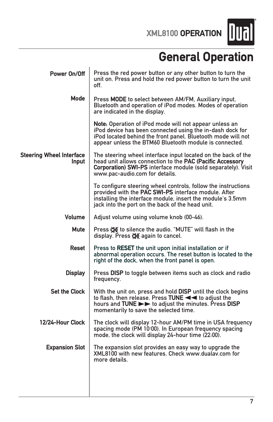 General operation, Xml8100 operation | Dual XML8100 User Manual | Page 7 / 24