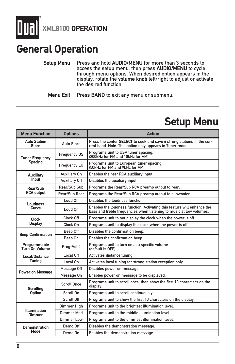 General operation setup menu, Xml8100 operation | Dual XML8100 User Manual | Page 8 / 24