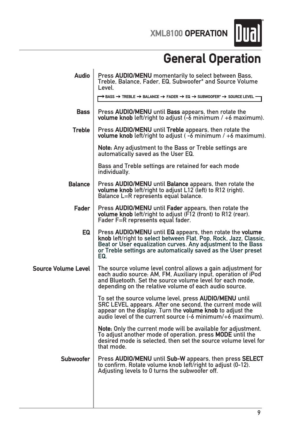 General operation, Xml8100 operation | Dual XML8100 User Manual | Page 9 / 24