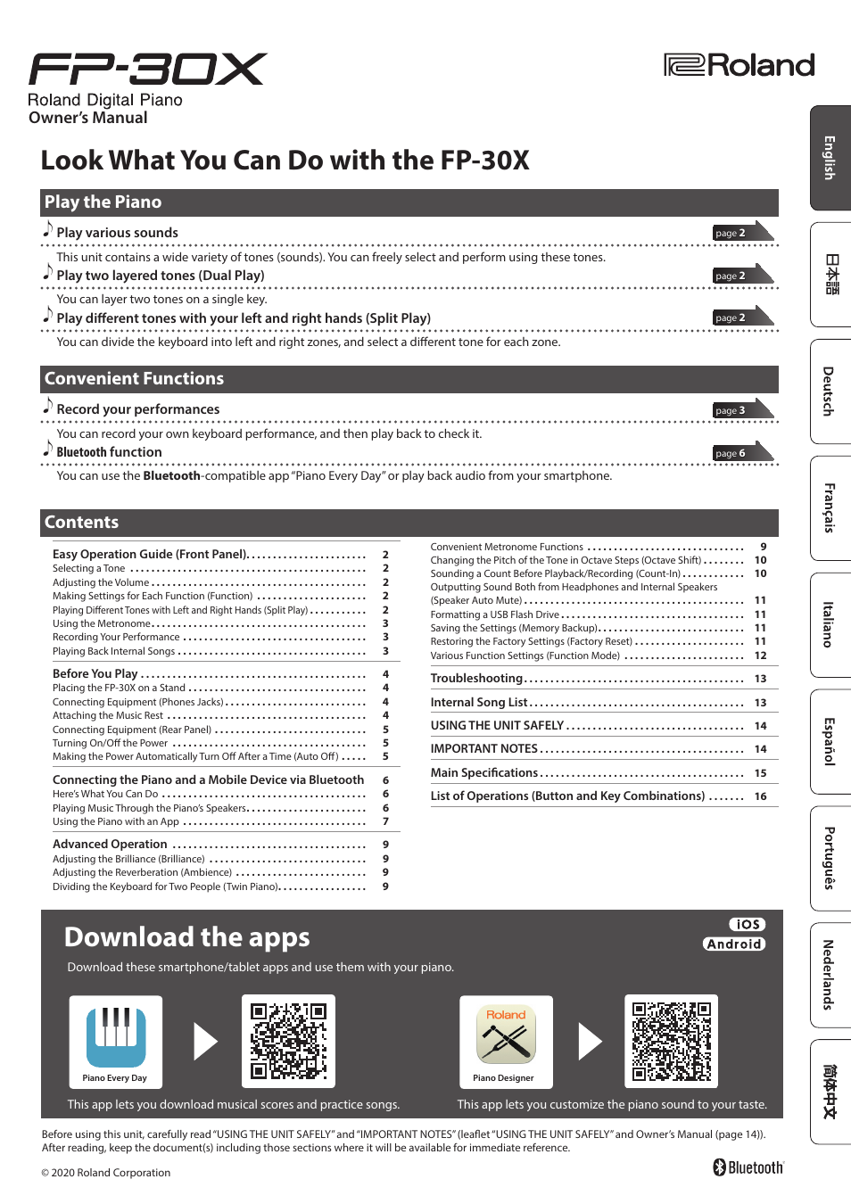 Roland FP-30X Portable Digital Piano with Bluetooth (White) User Manual | 24 pages