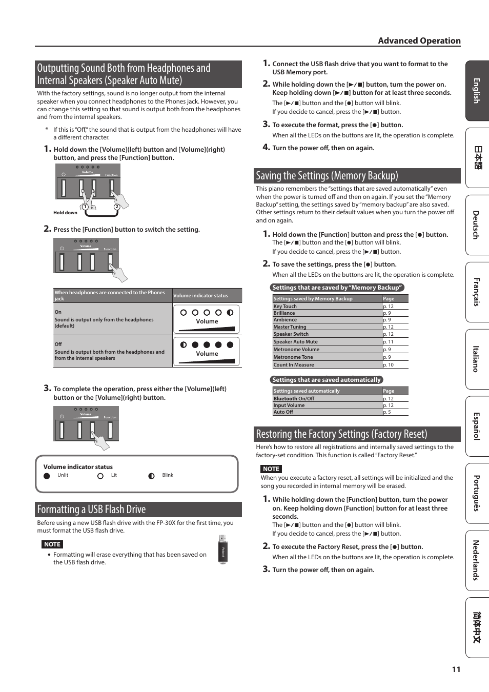 Formatting a usb flash drive, Saving the settings (memory backup), Restoring the factory settings (factory reset) | Advanced operation | Roland FP-30X Portable Digital Piano with Bluetooth (White) User Manual | Page 11 / 24