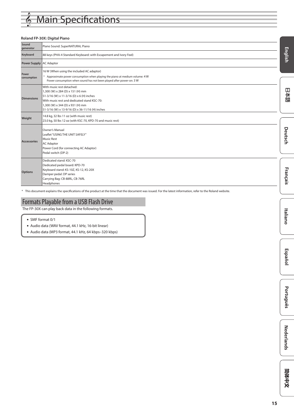 Main specifications, Formats playable from a usb flash drive | Roland FP-30X Portable Digital Piano with Bluetooth (White) User Manual | Page 15 / 24