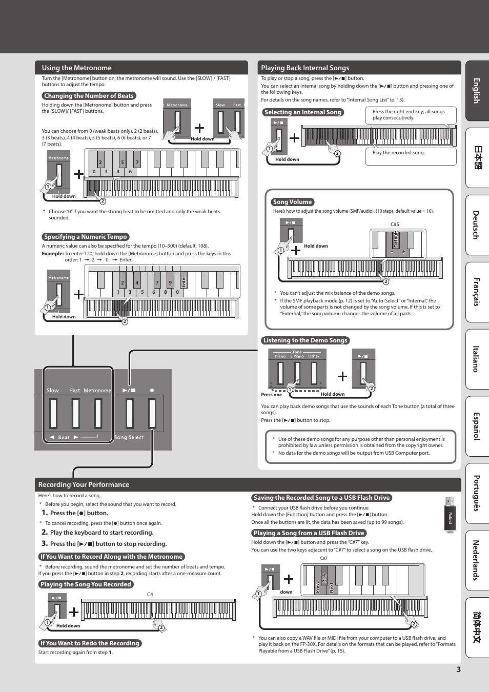 Using the metronome, Recording your performance, Playing back internal songs | Roland FP-30X Portable Digital Piano with Bluetooth (White) User Manual | Page 3 / 24
