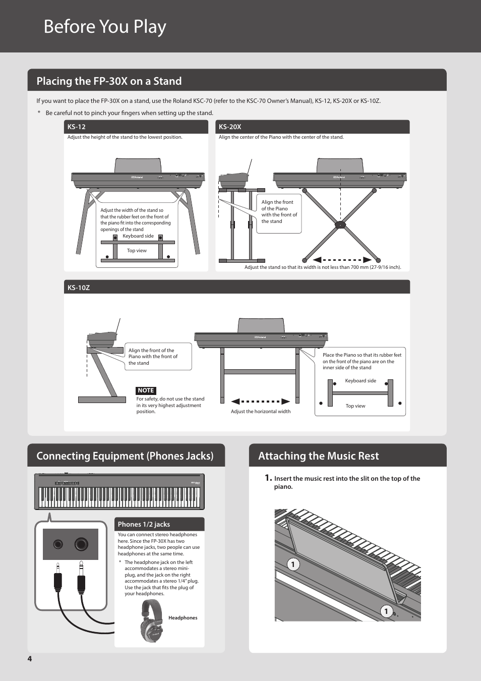 Before you play, Placing the fp-30x on a stand, Connecting equipment (phones jacks) | Attaching the music rest | Roland FP-30X Portable Digital Piano with Bluetooth (White) User Manual | Page 4 / 24