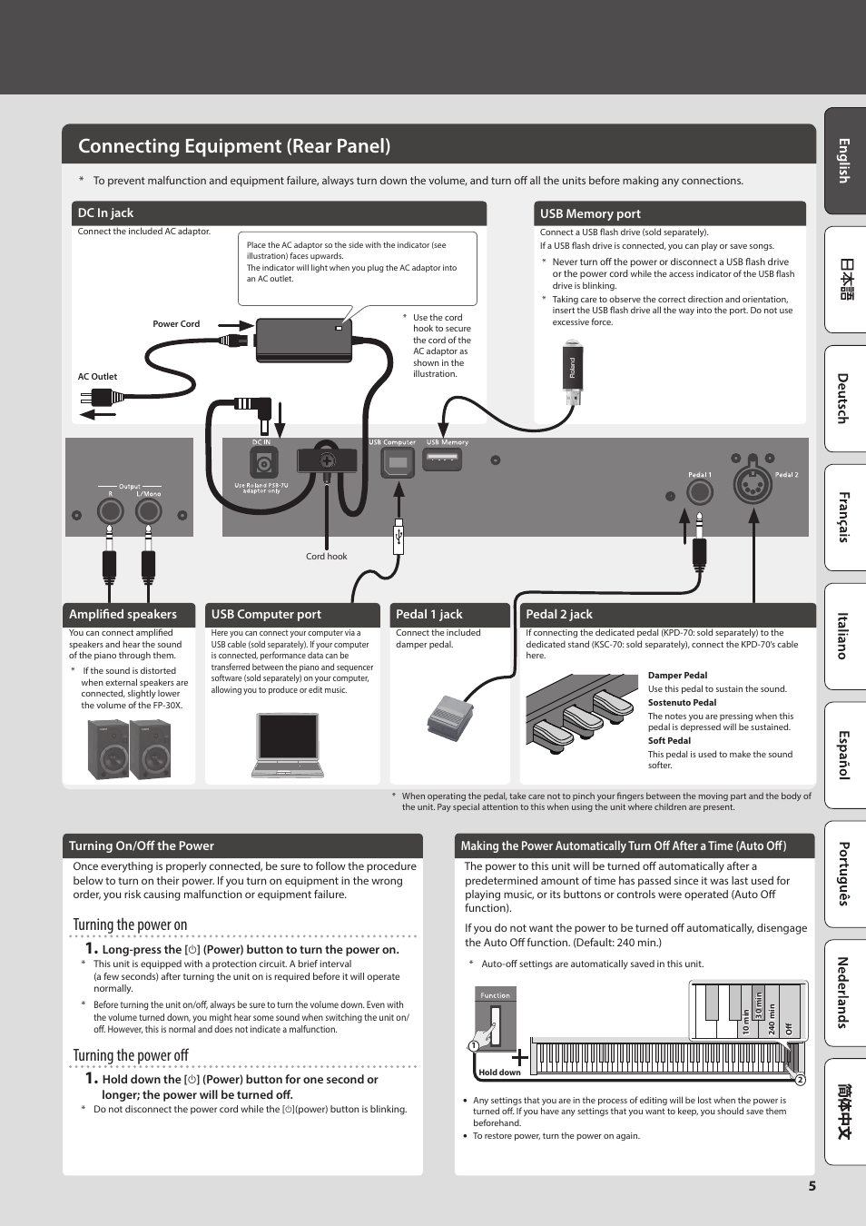 Connecting equipment (rear panel), Turning on/off the power, Turning the power on 1 | Turning the power off 1 | Roland FP-30X Portable Digital Piano with Bluetooth (White) User Manual | Page 5 / 24