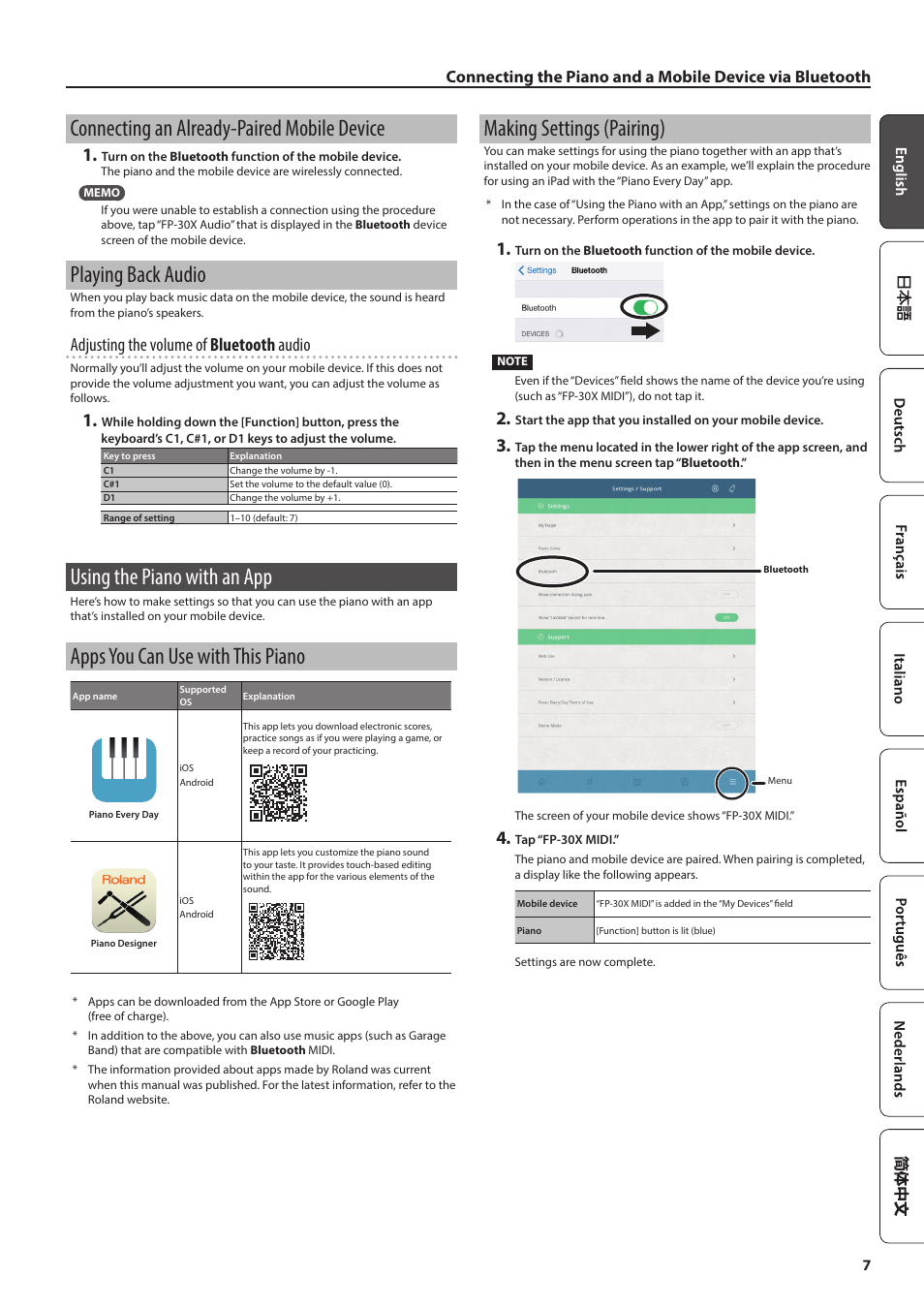 Using the piano with an app, P. 7), Connecting an already-paired mobile device | Playing back audio, Apps you can use with this piano, Making settings (pairing), Adjusting the volume of bluetooth audio | Roland FP-30X Portable Digital Piano with Bluetooth (White) User Manual | Page 7 / 24