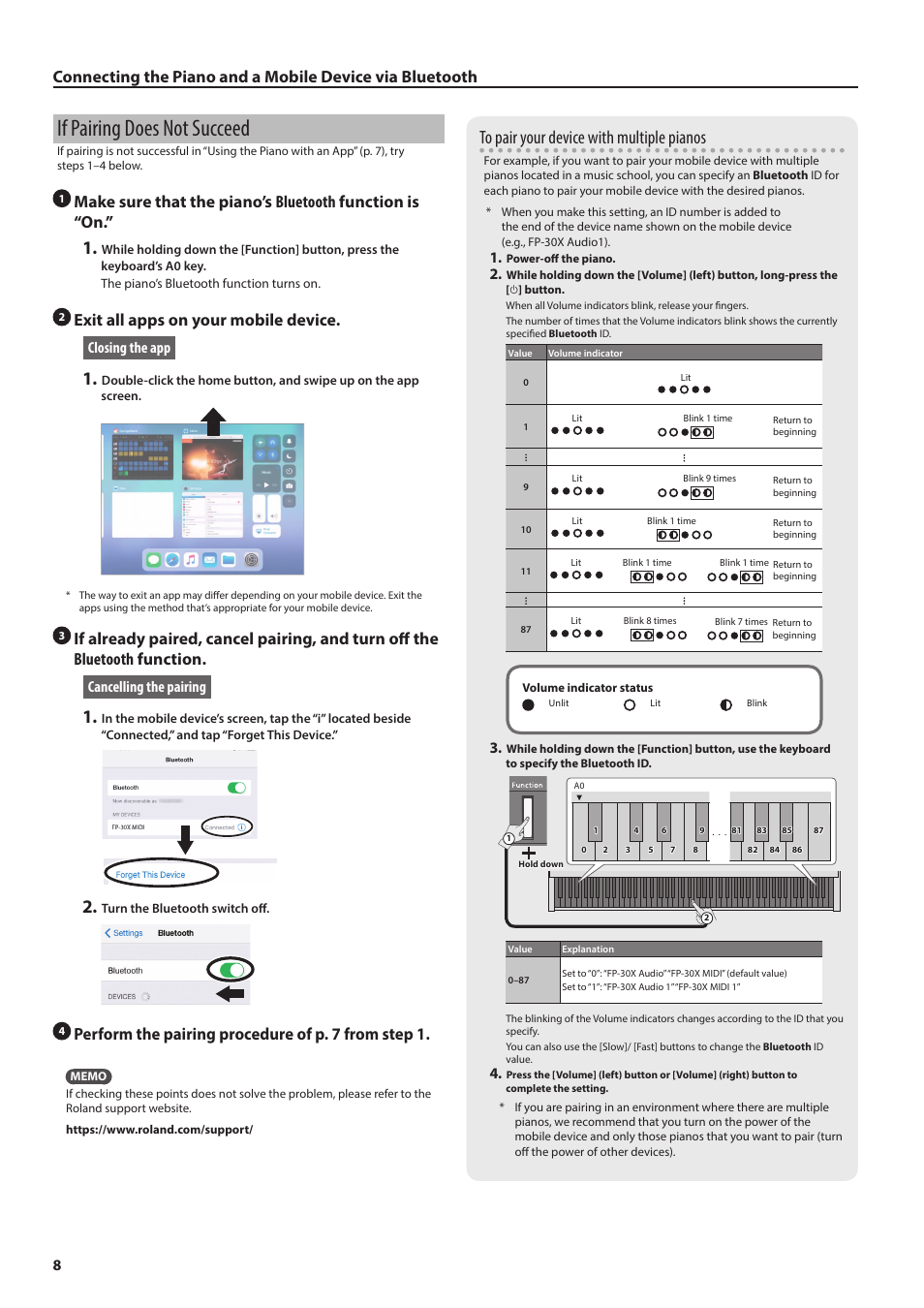 P. 8), If pairing does not succeed, Exit all apps on your mobile device | Perform the pairing procedur e of p 7 fr om step 1, Closing the app, Cancelling the pairing | Roland FP-30X Portable Digital Piano with Bluetooth (White) User Manual | Page 8 / 24