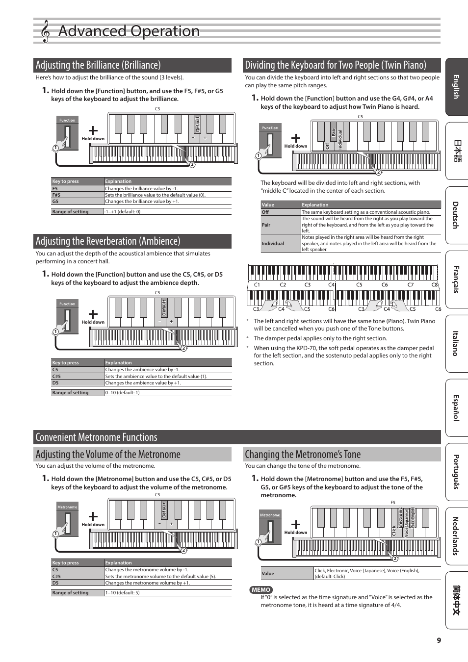 Advanced operation, Adjusting the brilliance (brilliance), Adjusting the reverberation (ambience) | Dividing the keyboard for two people (twin piano), Convenient metronome functions, Changing the metronome’s tone | Roland FP-30X Portable Digital Piano with Bluetooth (White) User Manual | Page 9 / 24