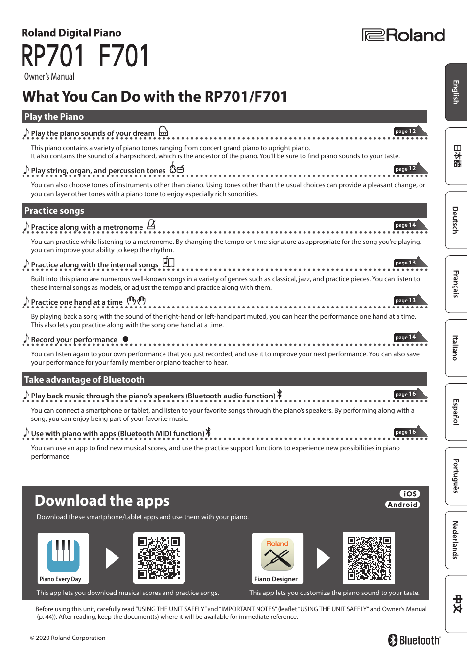 Roland F701 88-Key Modern Digital Piano with Stand and Bench (White) User Manual | 46 pages