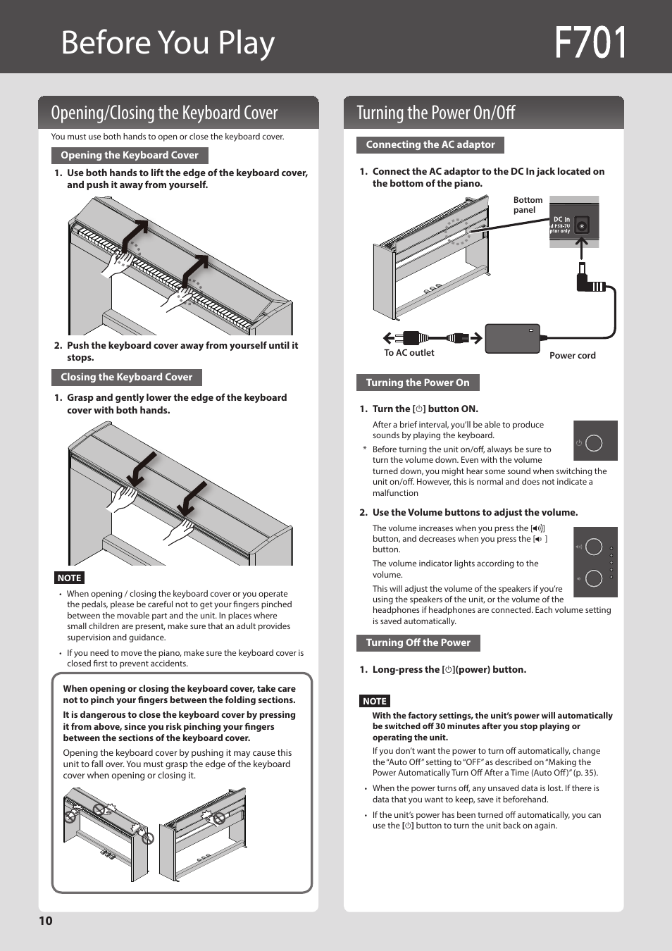 Before you play, Before you play(f701), P. 10) | Turning the power on/off, Opening/closing the keyboard cover | Roland F701 88-Key Modern Digital Piano with Stand and Bench (White) User Manual | Page 10 / 46