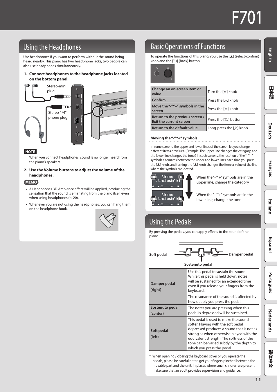 P. 11), Een. (p. 11), Using the pedals | Using the headphones, Basic operations of functions | Roland F701 88-Key Modern Digital Piano with Stand and Bench (White) User Manual | Page 11 / 46