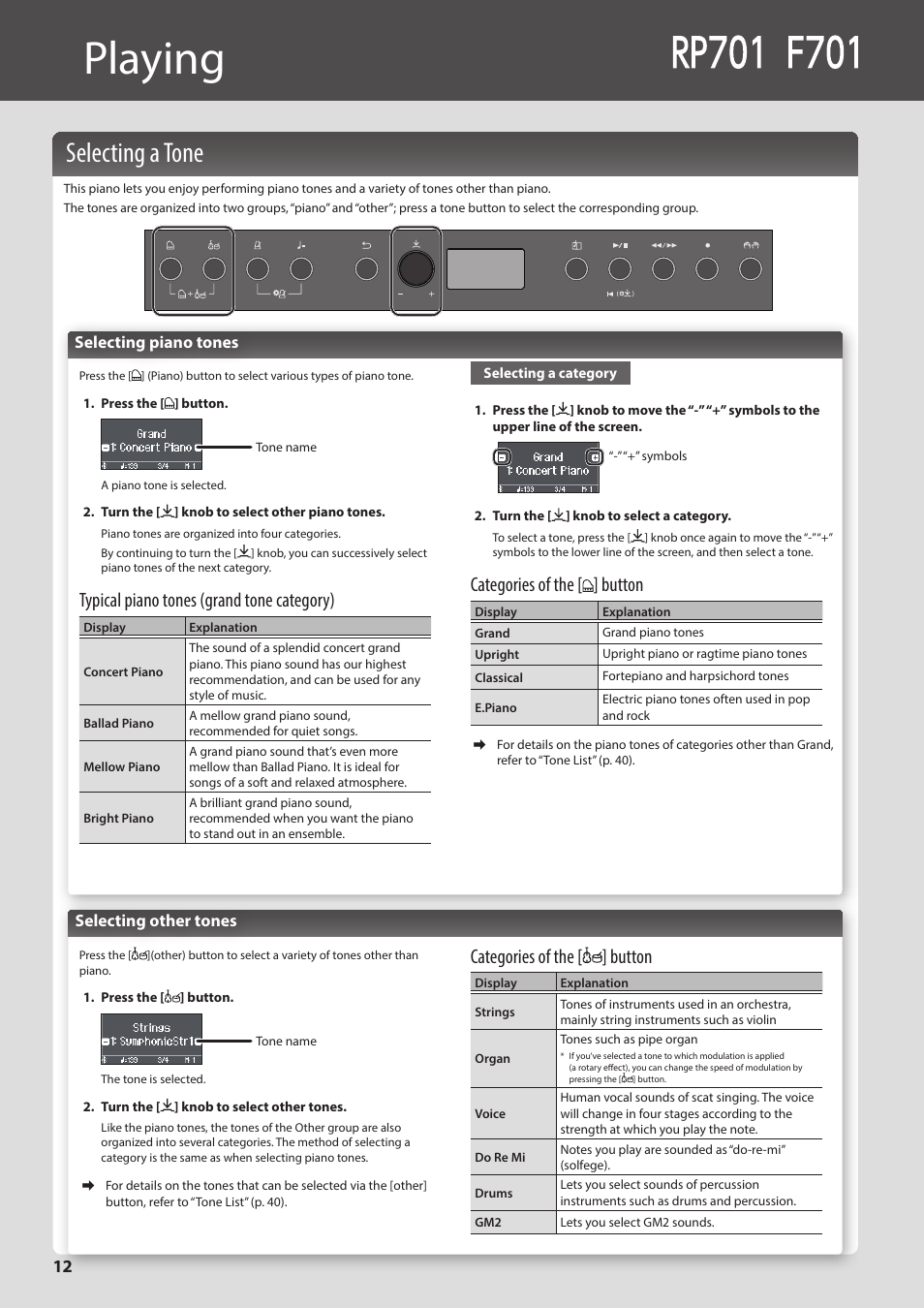 Playing, P. 12), Selecting a tone | Typical piano tones (grand tone category), Categories of the [ ] button | Roland F701 88-Key Modern Digital Piano with Stand and Bench (White) User Manual | Page 12 / 46