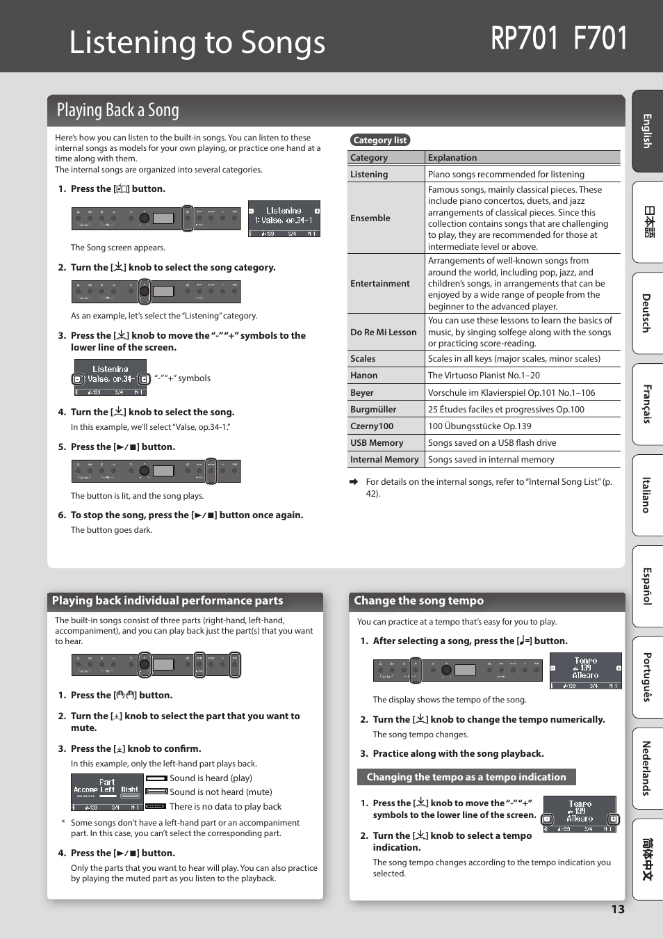 Listening to songs, P. 13), Playing back a song | Roland F701 88-Key Modern Digital Piano with Stand and Bench (White) User Manual | Page 13 / 46